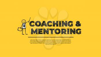 Coaching and Mentoring - Simple Design with Cartoon Businessman Silhouette Isolated on Yellow Background. Illustration for Successful Stories, Positive Inspirations and New Opportunities. Web Template