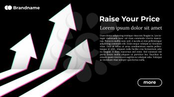 Rise Your Price - Black Web Template with Chromatic Aberrations. Business Arrow Target Direction to Growth and Success. Modern Vector Illustration or Design Template.