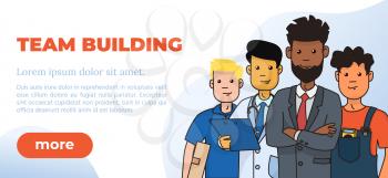 Team Building Design Poster. Team Building Text with Cartoon Characters of Professionals of Various Specialties. Vector Illustration. Open Vacancy Design Template.