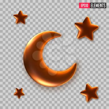 3d Golden Reflective Crescent Moons with Stars. Decorative Vector Elements of Metallic Golden 3D Half Month. Isolated Object on Transparent Background. Vector Illustration.