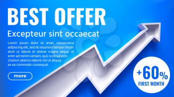 Best Offer - Graphic Grow Banner with 3d Arrow. Creative Vector Illustration on Blue Background with Shadows. Art Design Business Presentation Layout Template. Abstract Concept Chart Sales Element.