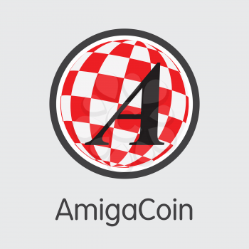 Amigacoin - Virtual Currency Concept. Colored Vector Icon Logo and Name of Blockchain Cryptocurrency on Grey Background. Vector Pictogram Symbol for Exchange AGA.