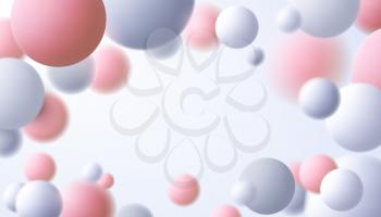 Vector Realistic Illustration. Falling White and Coral Soft Spheres. Abstract Background with 3D Geometric Shapes. Modern Cover Design. Dynamic Balls or Particles.