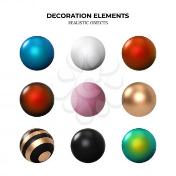 Set of 3D Balls Isolated on White. Matte and Glossy Balls made of Gold, Red, Blue and Black Metall. Shine Round Sphere or Geometric Objects. Pearl Made of Metal and Plastic. Vector illustration