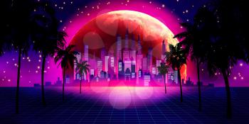 80s Futuristic Retro Future. Retro Futuristic Background with Moon Panorame 1980s Style with Palm Tree Silhouette. Road to the City 1980s Style. Digital Retro Cityscape Fashion Sci-Fi Summer Landscape