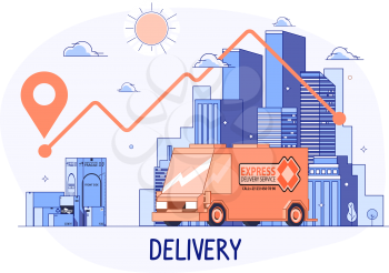 Delivery Van or Truck on City Background. Delivery or Logistic Concept. Vector.
