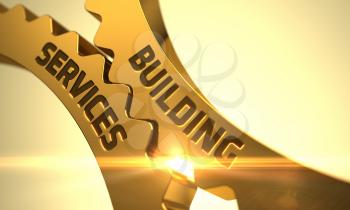 Building Services - Technical Design. Building Services on the Mechanism of Golden Metallic Cogwheels with Lens Flare. Building Services on Golden Cog Gears. 3D.
