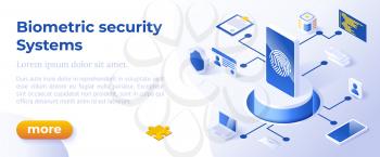 BIOMETRIC SECURITY SYSTEMS - Isometric Design in Trendy Colors Isometrical Icons on Blue Background. Banner Layout Template for Website Development