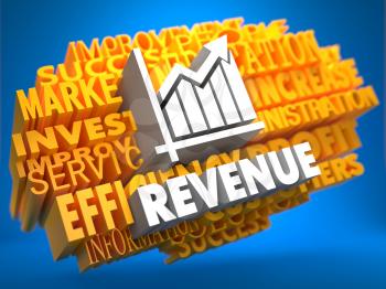 Revenue with Growth Chart Icon on Yellow WordCloud on Blue Background.