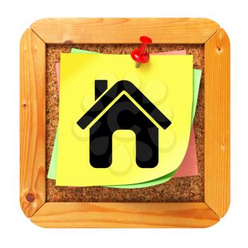Home Icon on Yellow Sticker on Cork Message Board.