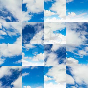 Collage of Fragments on Blue Sky with Clouds.