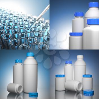 Pill Bottles on Blue Background the Chemical or Medical Concept