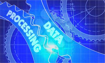 Data Processing on the Mechanism of Gears. Blueprint Style. Technical Design. 3d illustration, Lens Flare.