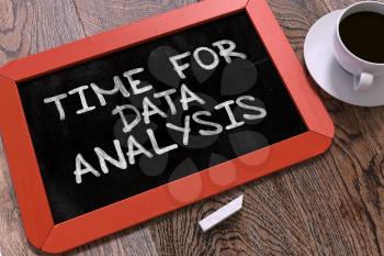 Handwritten Time for Data Analysis on a Red Chalkboard. Top View Composition with Chalkboard and White Cup of Coffee.