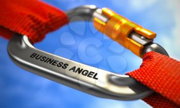 Chrome Carabiner between Red Ropes on Sky Background, Symbolizing the Business Angel. Selective Focus.