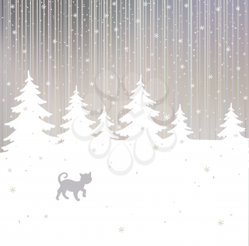 Vector christmas background with cat and winter tree 