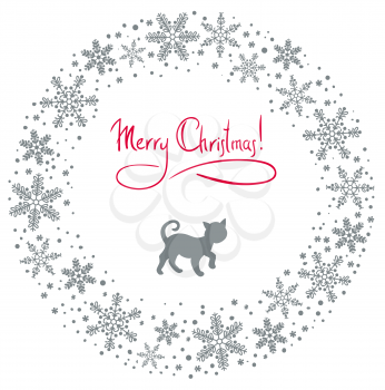 Vector christmas background with cat and snowflakes