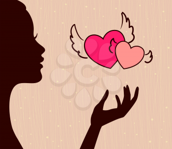 beautiful girl silhouette with hearts
