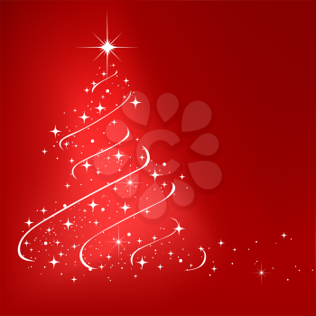 Red abstract winter background with stars Christmas tree
