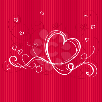 Red Background with Heart White Ribbon. Valentine`s day card design with empty place for congratulation or invitation text
