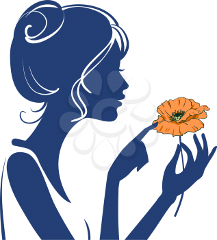 Woman with poppy. Silhouette of the head and hands. Pretty young lady