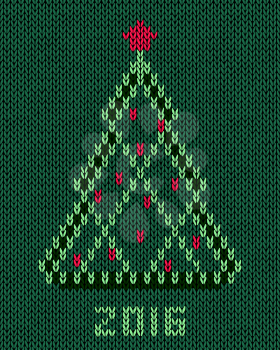 Christmas tree with red stylized star and balls. New year 2016 vintage card. Knitted hand made embroidery seamless pattern