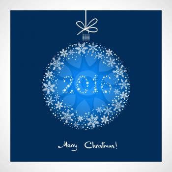 Merry Christmas and Happy New Year 2016. stylized blue ball with snowflakes. Season greeting card template