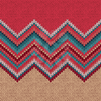 Seamless knitting pattern with wave ornament in red blue white yellow color