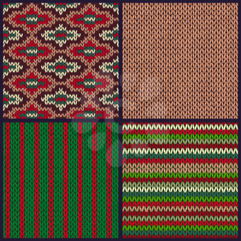 Seamless Knitted Pattern. Set of Christmas Samples. Collection of Red Green White Color Winter Backgrounds