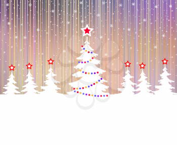 Christmas tree with star and garlands. Winter fantasy forest. Polar lights