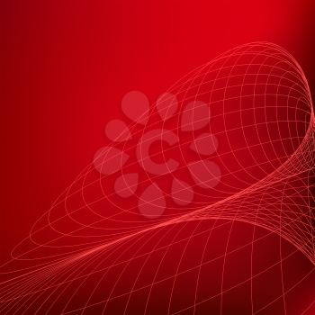 Abstract red background. Curves geometric diverging fine lines in perspective. Modern technology