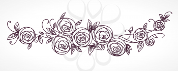 Stylized rose flowers bouquet. Branch of flowers and leaves interlacing.