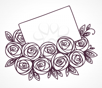 Bouquet of roses with message card. Hand drawing stylized flowers as gift with letter