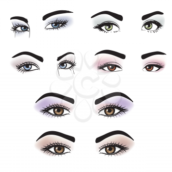 Female eyes of different colors with makeup. Set of Lovely girl eyes friendly look