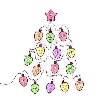 Christmas garland. Fun bulbs with funny faces. Stylized christmas tree shape