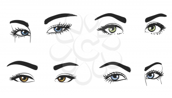 Female eyes of different lenses colors. Set of Lovely girl eyes friendly look