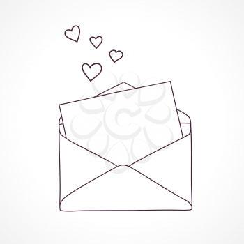 Open letter with hearts. Outline doodle graphic style.