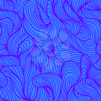 Seamless abstract ultra violet hand drawn pattern, waves background. Yarn curly pattern blue color