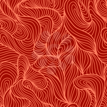 Seamless abstract light hand drawn pattern, waves background. Yarn curly pattern living coral color
