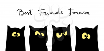 Four black cats silhouettes with different tempers. Friendship concept. Best friend forever. Vector illustration