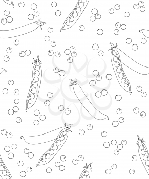 Seamless green peas pattern. Black on white background. Continuous line art. Outline style hand drawn sketch vector illustration.