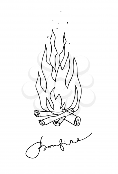 Bonfire icon. Campfire sketch line art drawing style. Continuous line art drawing. Vector outline illustration.