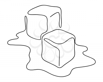 Two pieces of Ice. Continious one line art drawing. Two cubes of melted ice in puddle of water. Vector modern outline illustration