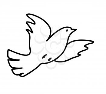Dove flying in the sky line drawing. Black and white bird vector illustration