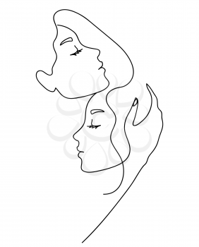 Couple girlfriend and sisters. Woman face with wavy hair. Fashion, friendship and love concept. Black and white hand drawn line art. Abstract outline vector illustration