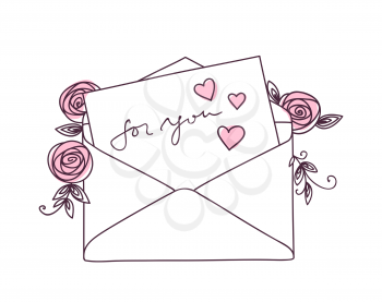 Open letter with roses and hearts. Postal holiday outline doodle graphic design.