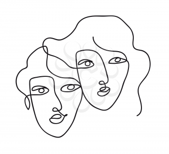 Couple girlfriend and sisters. Woman face with wavy hair. Fashion, friendship and love concept. Black and white hand drawn line art. Abstract outline vector illustration