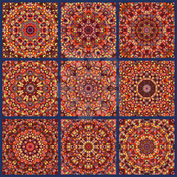 Digital pattern of ethnic Indian patchwork background. Seamless wallpaper. Native culture tradition pottery ornament. Mosaic color ceramic tile print pattern