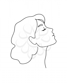 Woman profile with long hair. Portrait female beauty concept. Continuous line drawing vector illustration