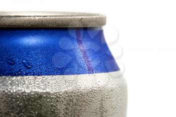 Macro shot of a beer can with condensation